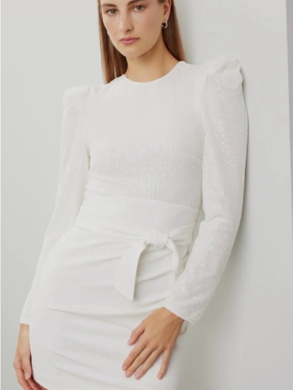 Elle Zeitoune Alex White Sequin Long Sleeve Mini Dress M